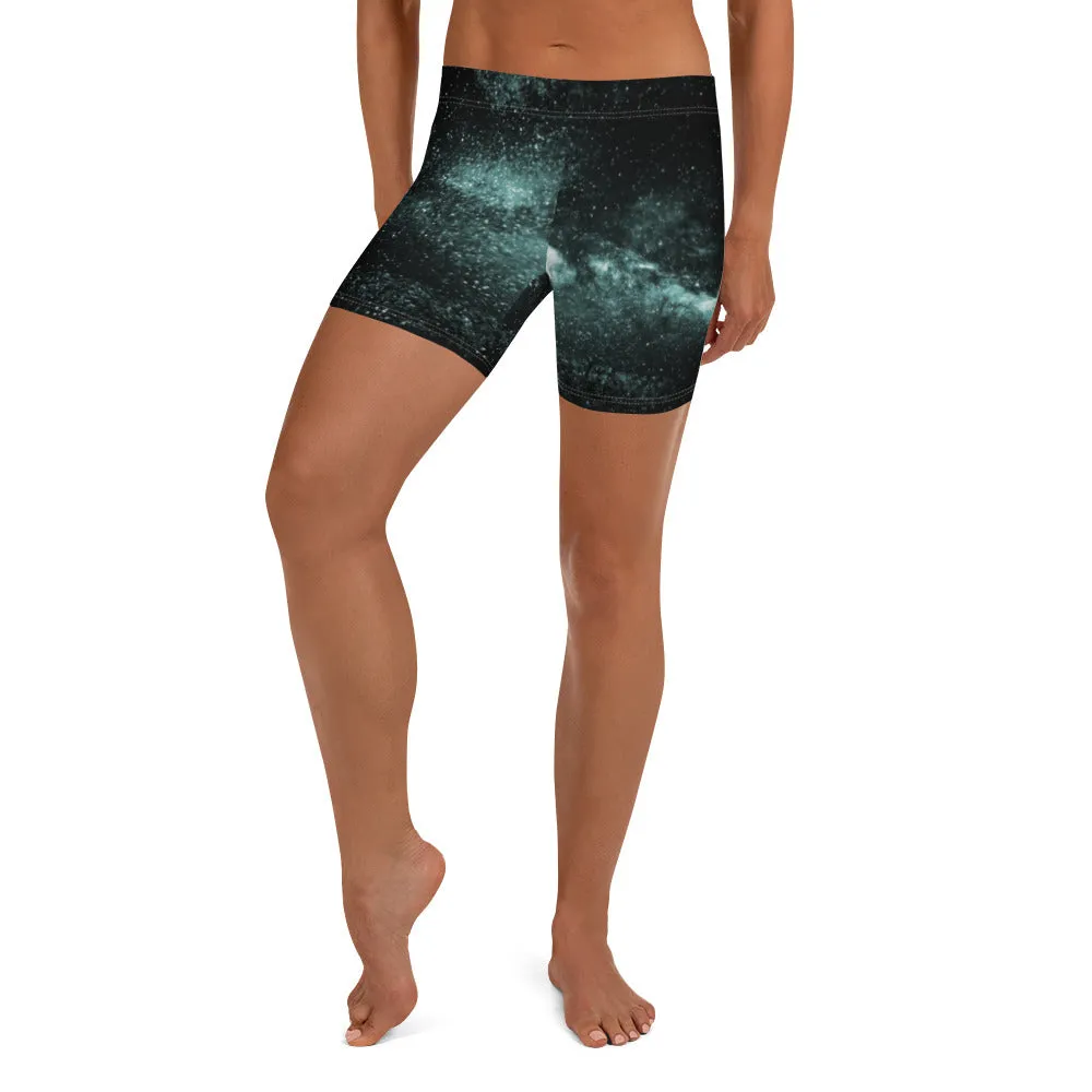 Blue Galaxy Women's Gym Shorts, Space Milky Way Cosmos Short Tights-Made in USA/EU/MX
