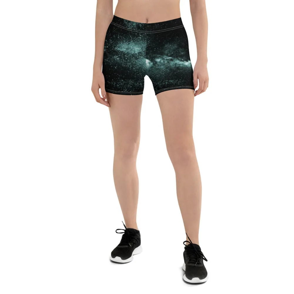 Blue Galaxy Women's Gym Shorts, Space Milky Way Cosmos Short Tights-Made in USA/EU/MX