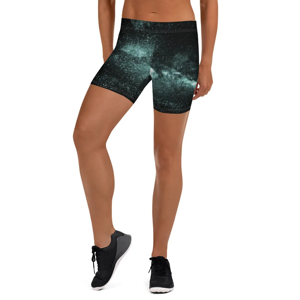 Blue Galaxy Women's Gym Shorts, Space Milky Way Cosmos Short Tights-Made in USA/EU/MX