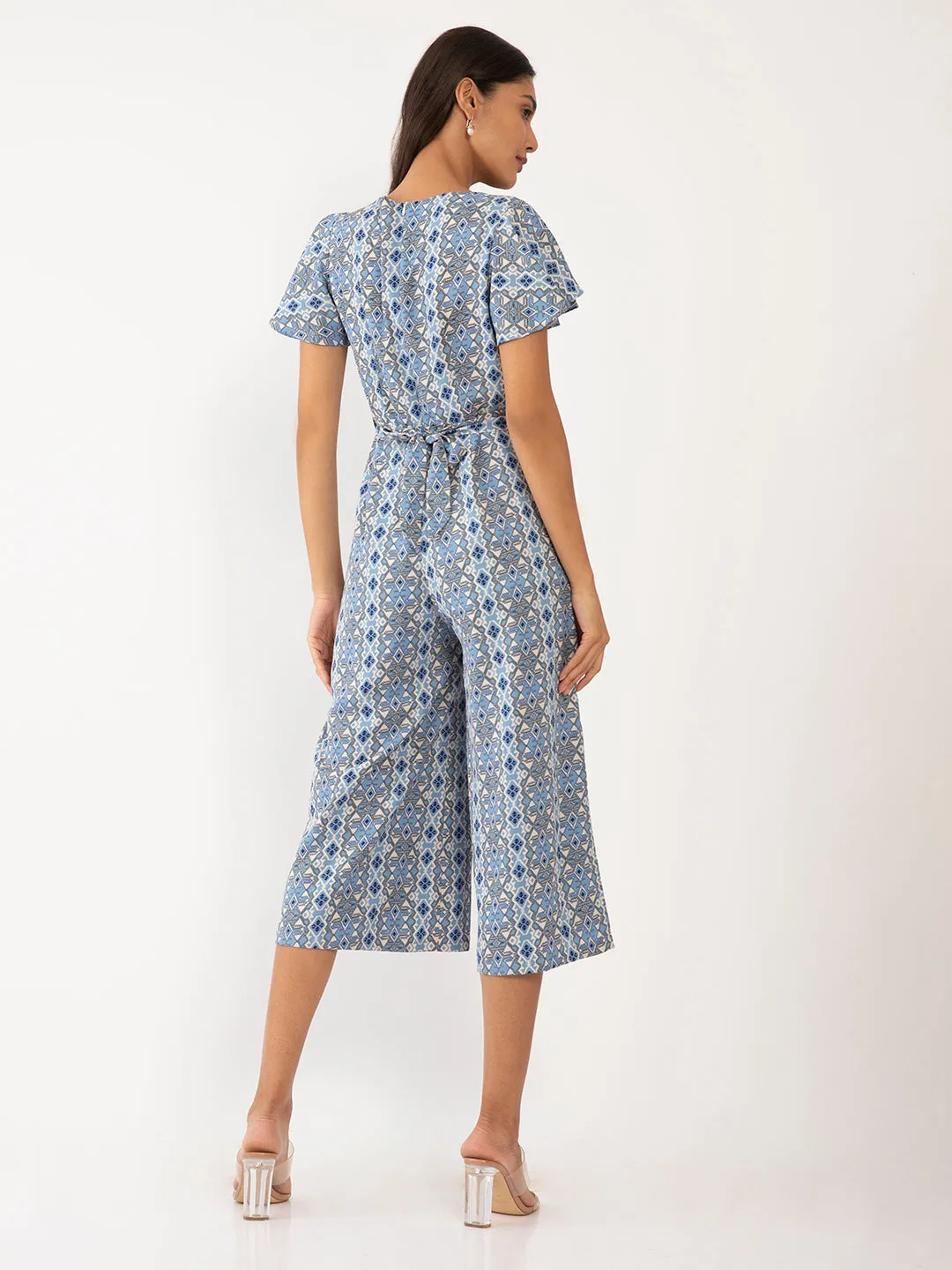 Blue Geometric Print Flared Sleeve Jumpsuit