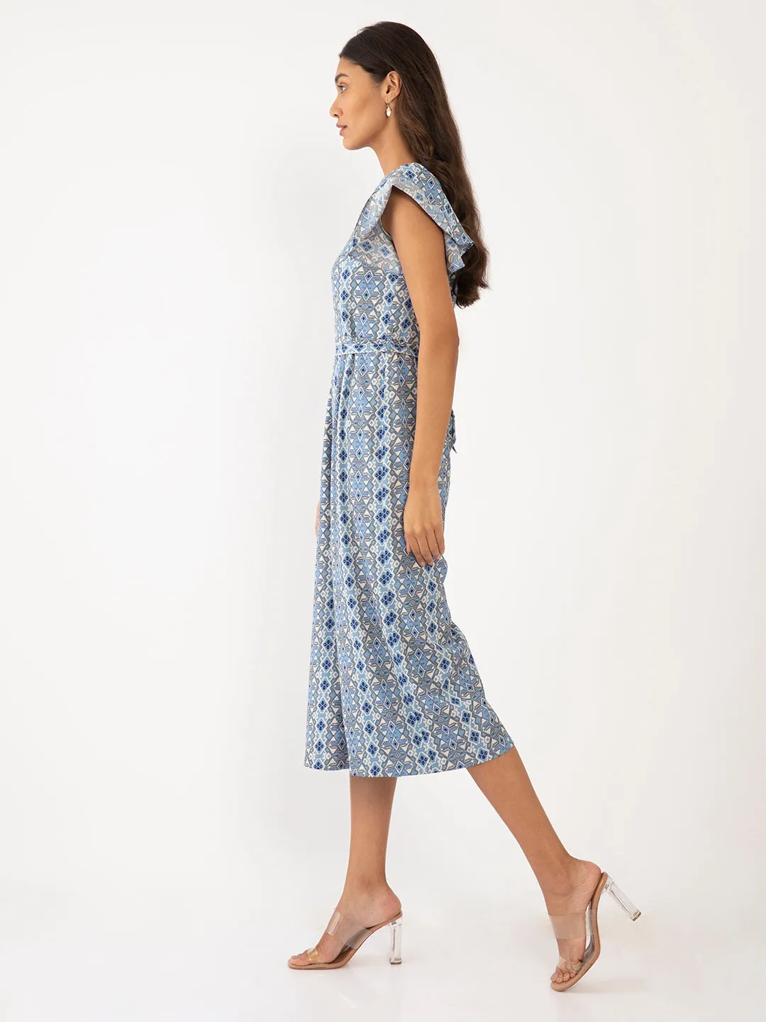 Blue Geometric Print Flared Sleeve Jumpsuit