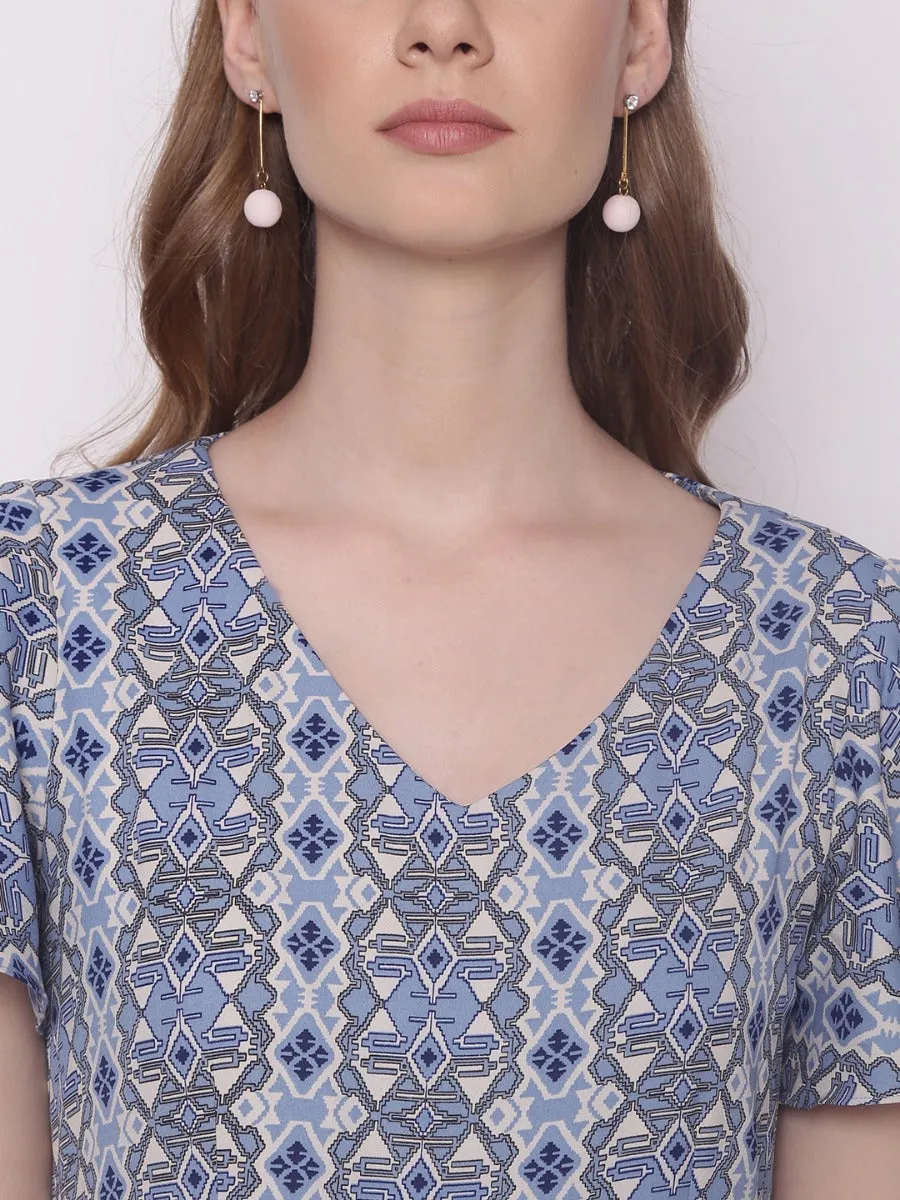 Blue Geometric Print Flared Sleeve Jumpsuit