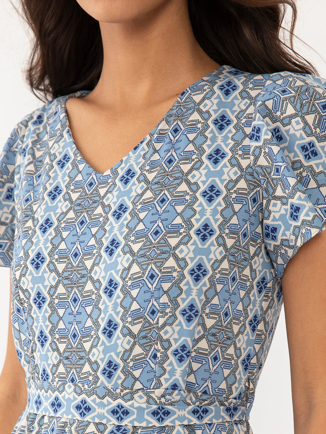 Blue Geometric Print Flared Sleeve Jumpsuit