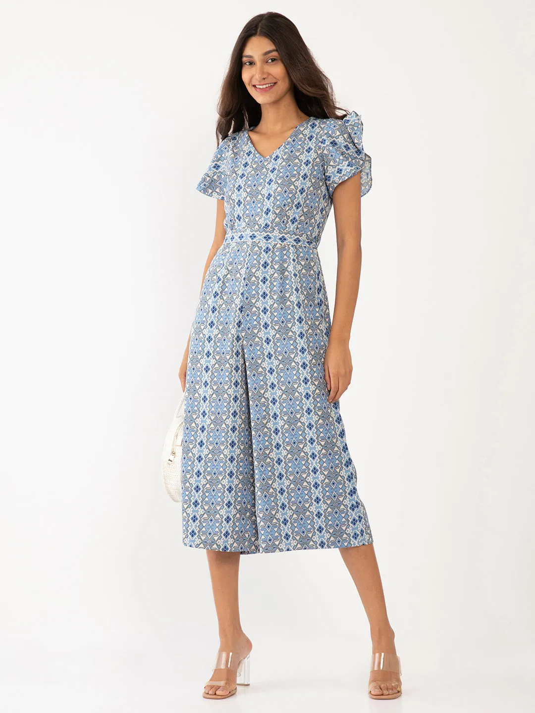 Blue Geometric Print Flared Sleeve Jumpsuit