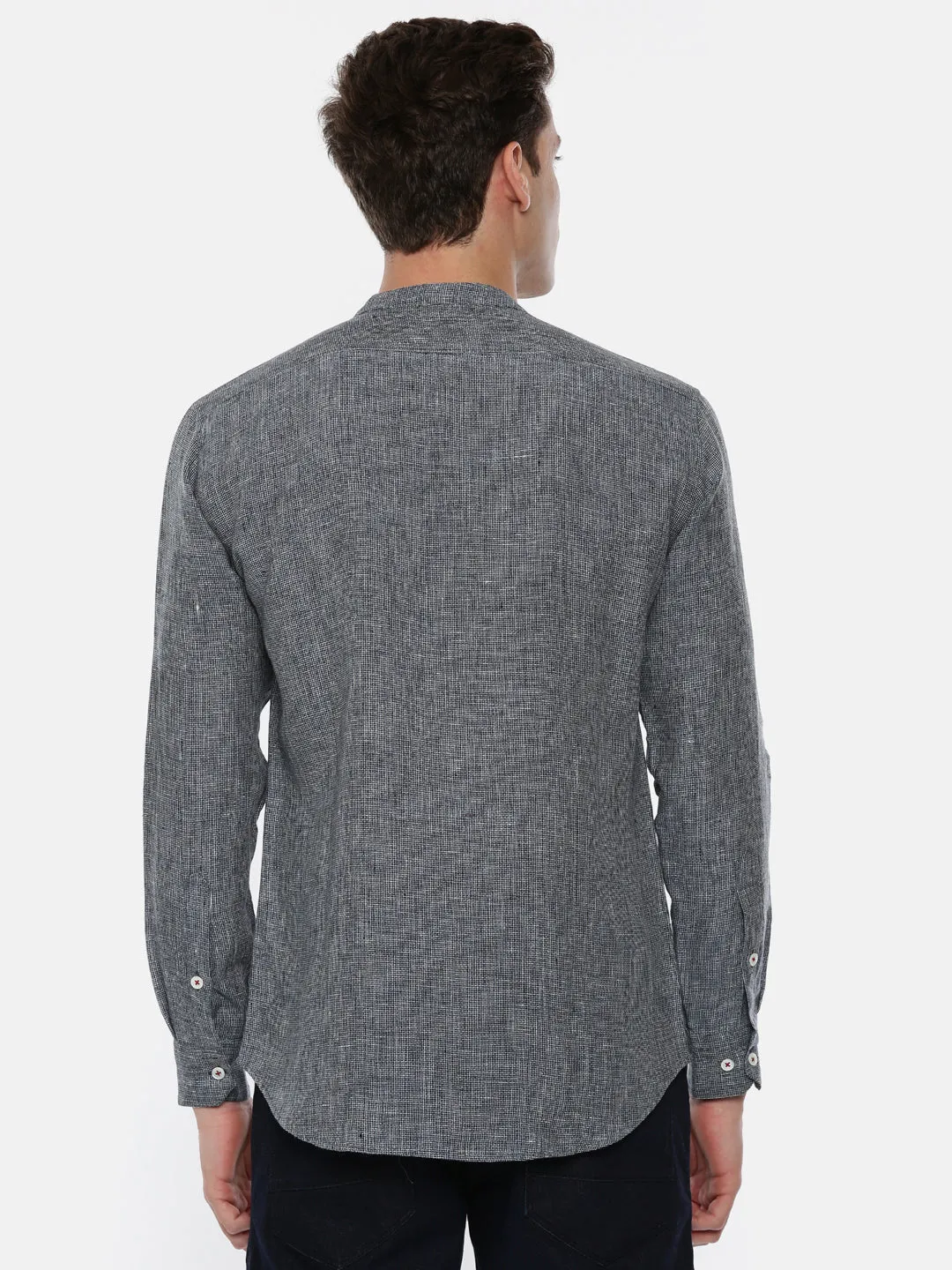 Blue Linen Classic Chinese Collar Shirt - MM0741