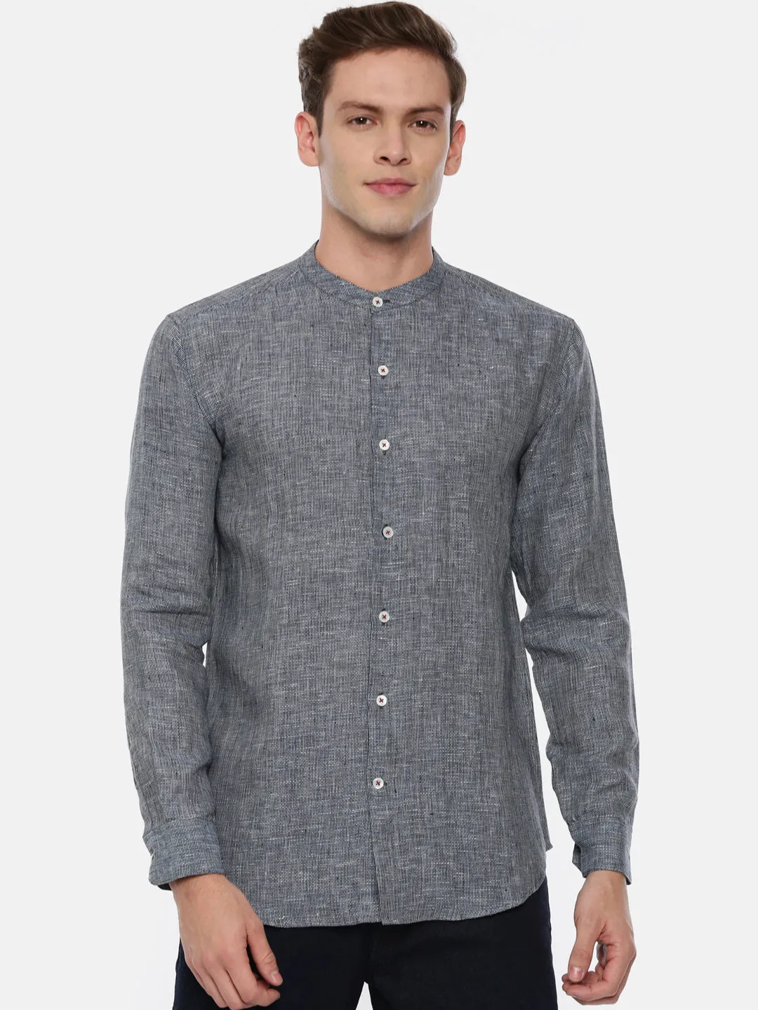 Blue Linen Classic Chinese Collar Shirt - MM0741