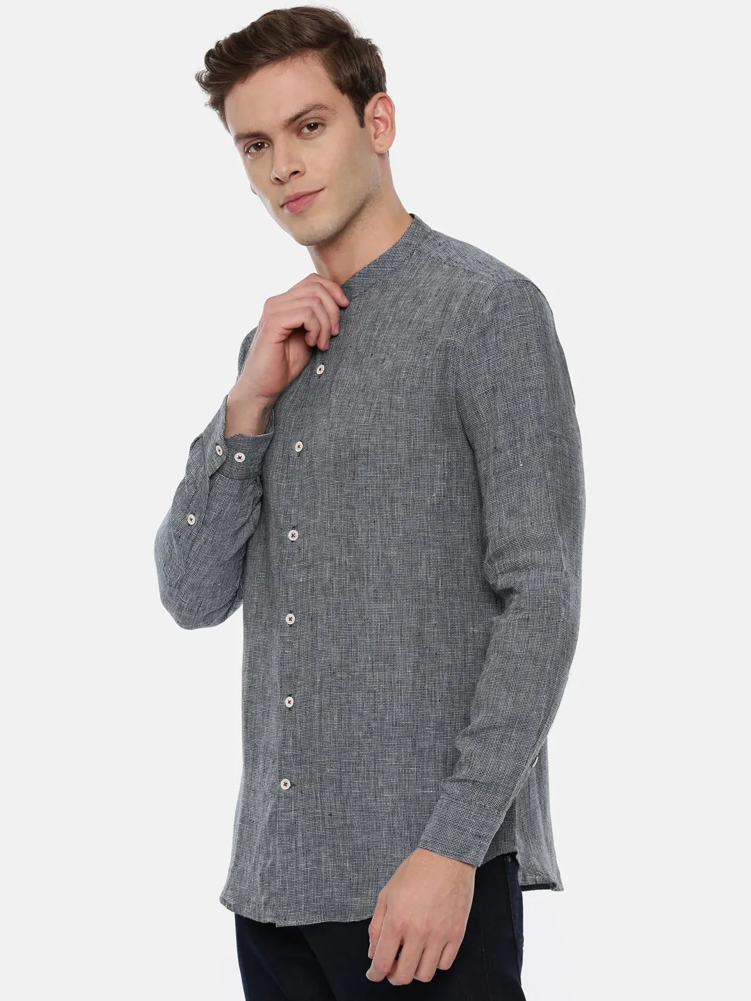 Blue Linen Classic Chinese Collar Shirt - MM0741