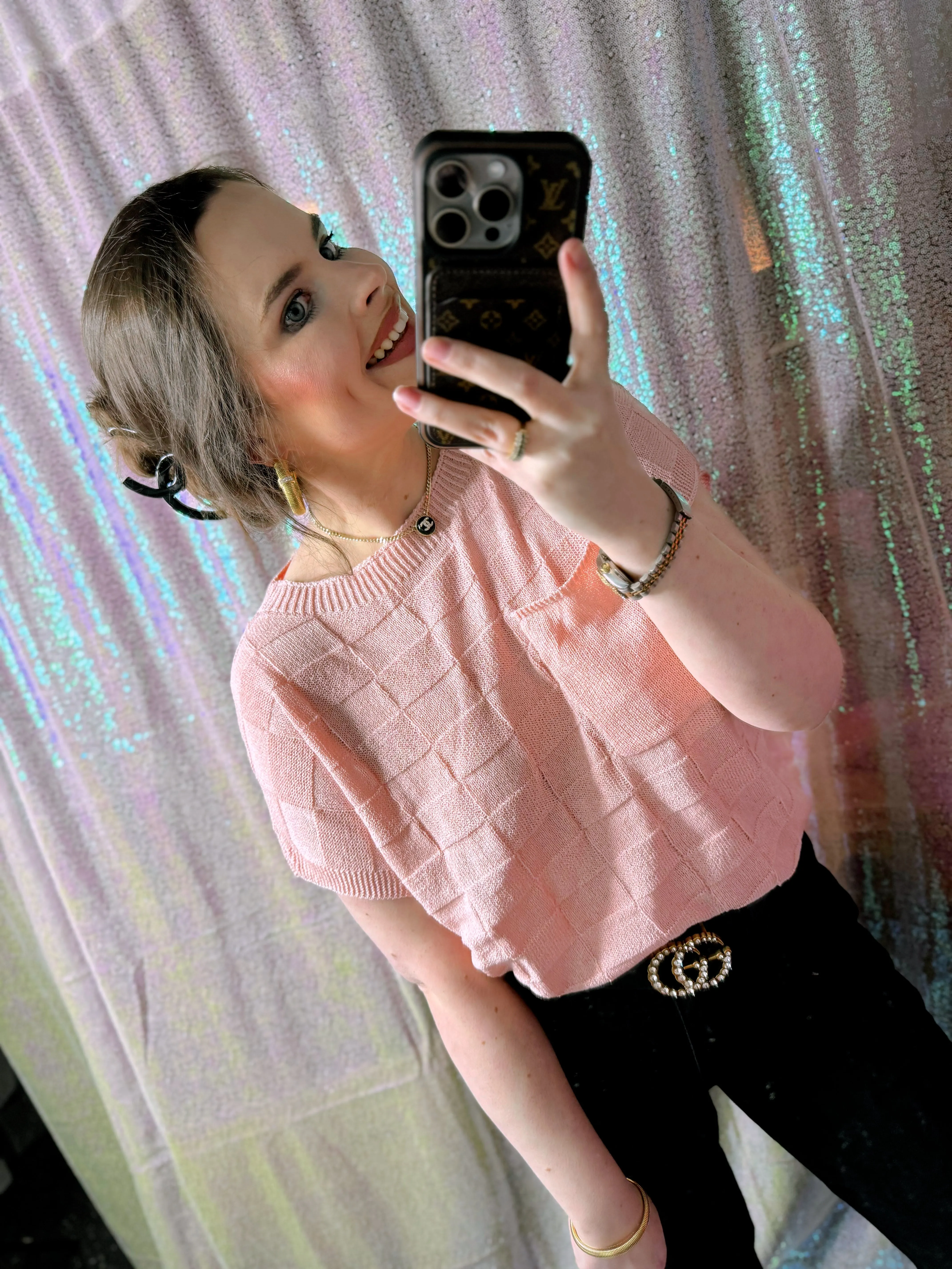 Blush Textured Checkered Short Sleeve Sweater