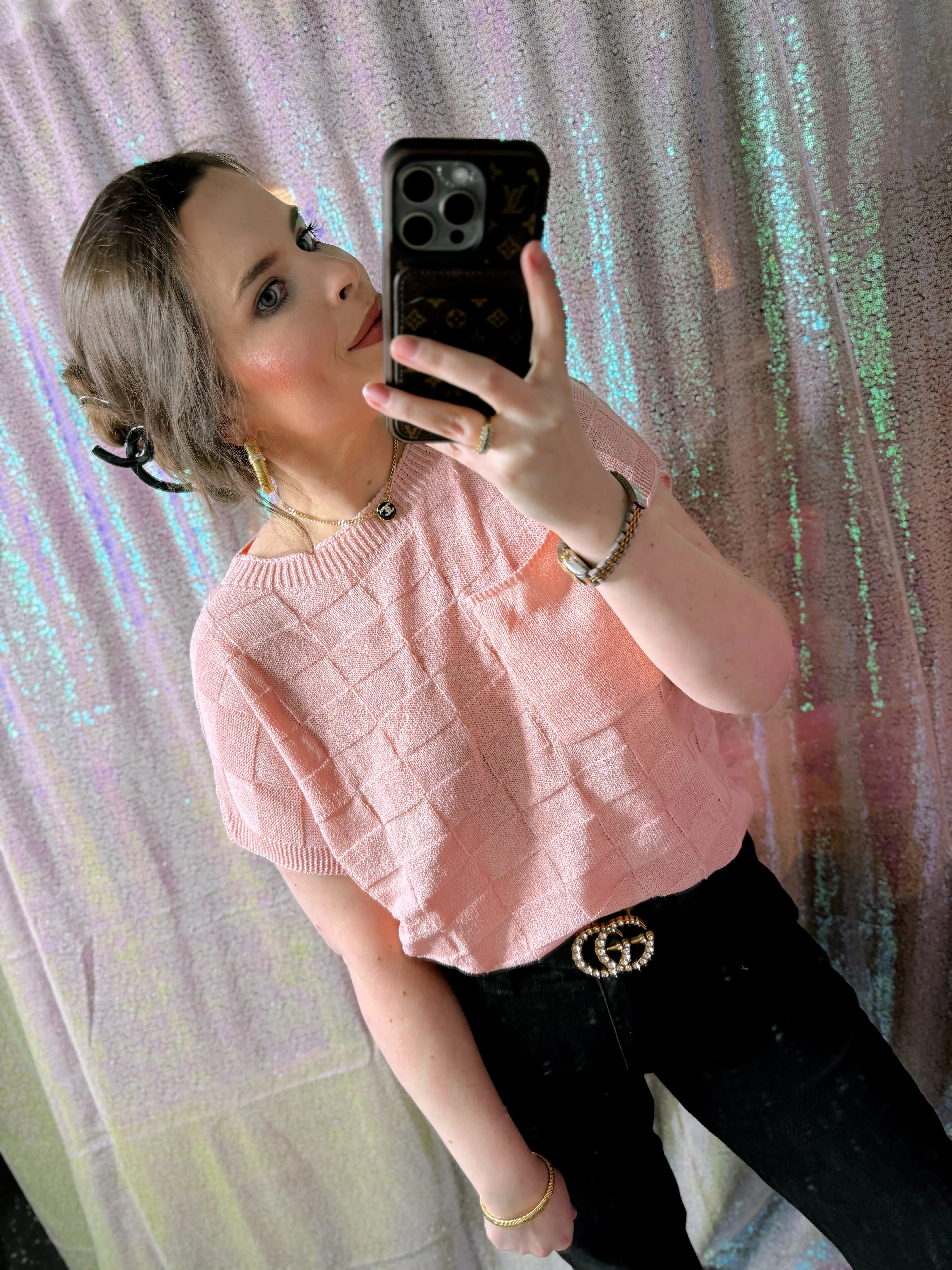 Blush Textured Checkered Short Sleeve Sweater