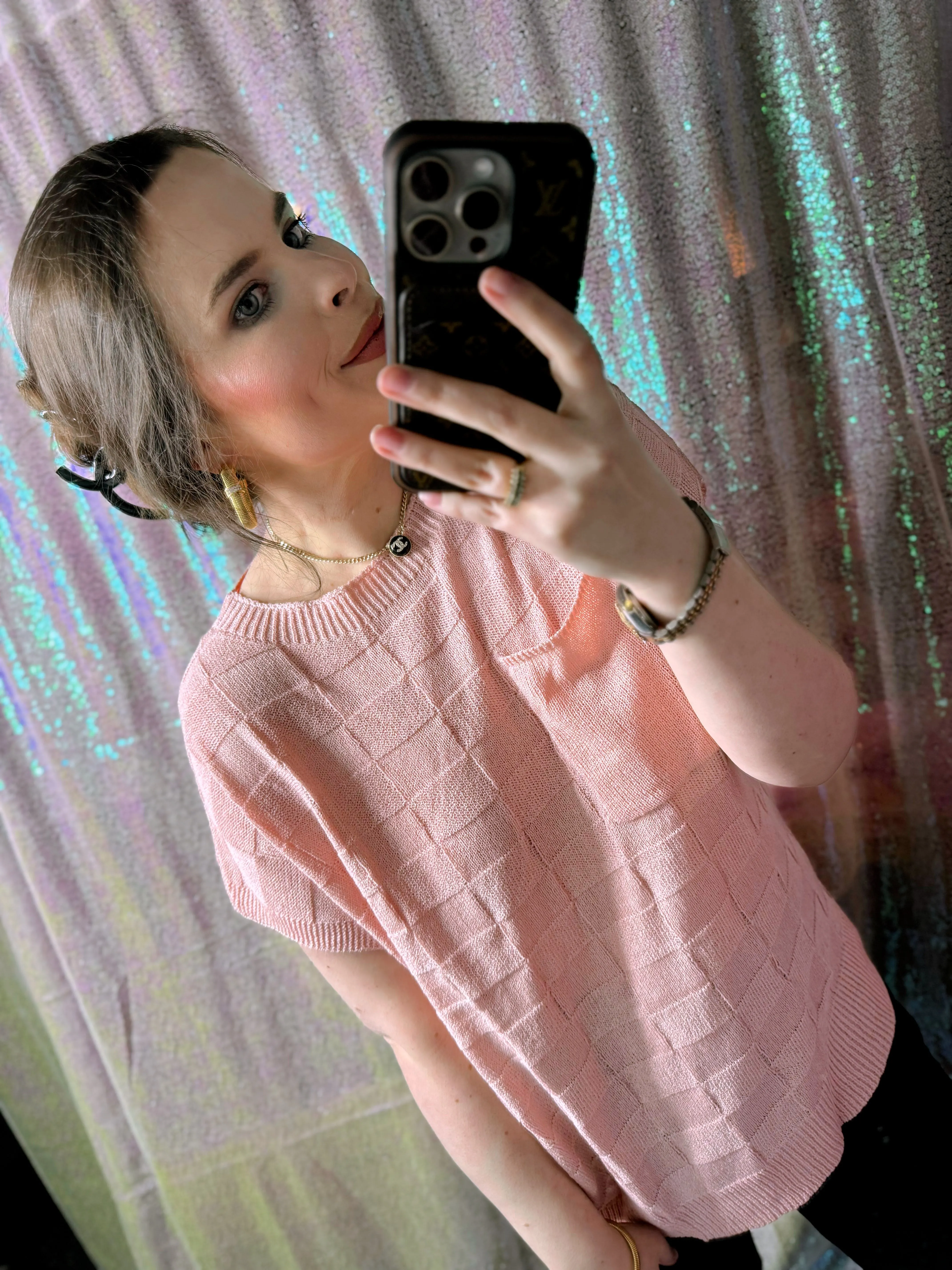 Blush Textured Checkered Short Sleeve Sweater