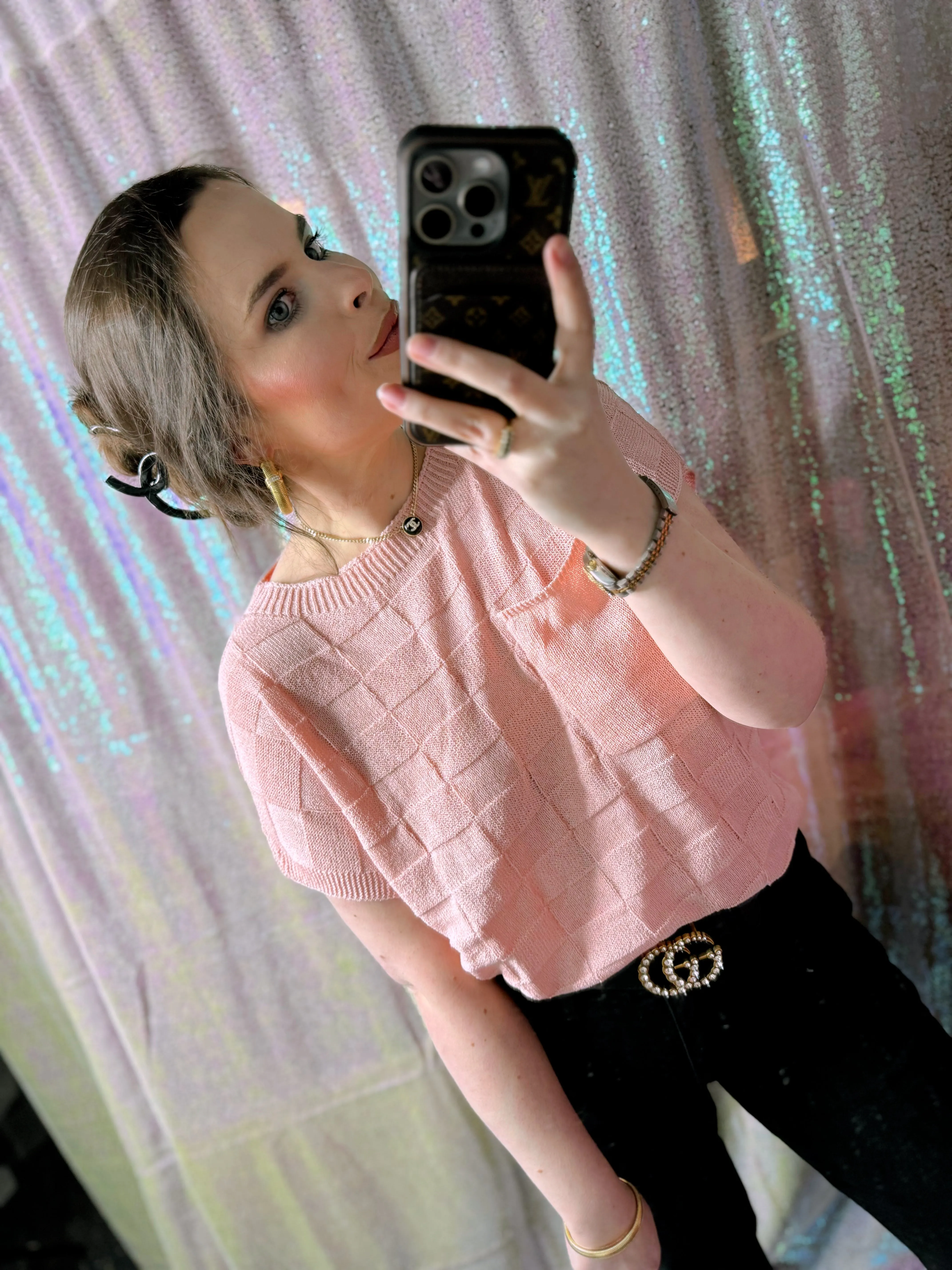 Blush Textured Checkered Short Sleeve Sweater