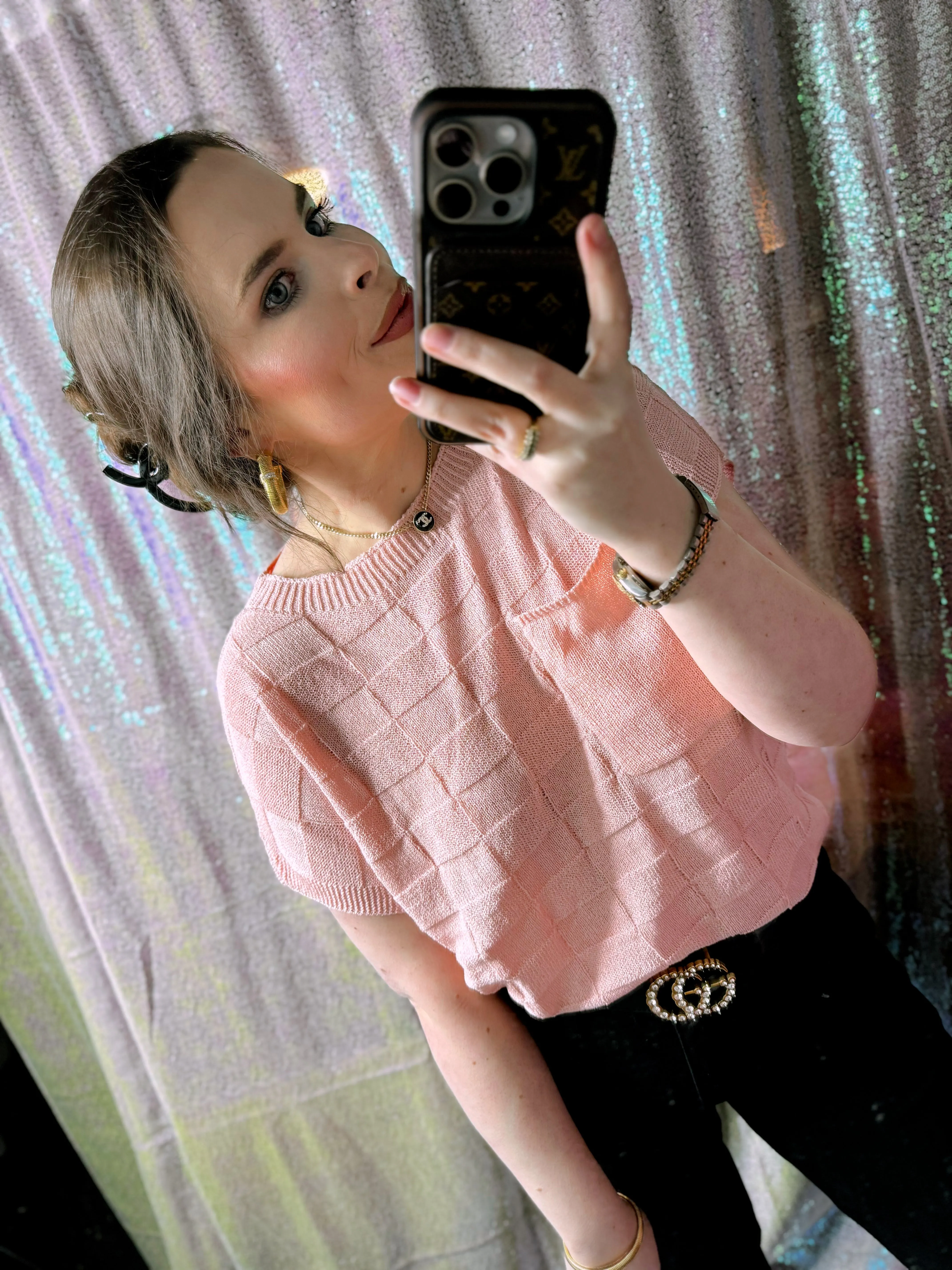 Blush Textured Checkered Short Sleeve Sweater