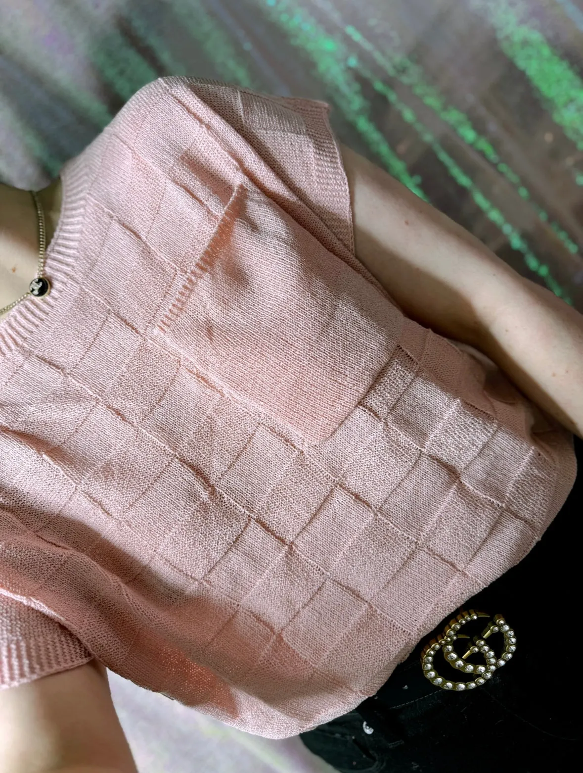 Blush Textured Checkered Short Sleeve Sweater