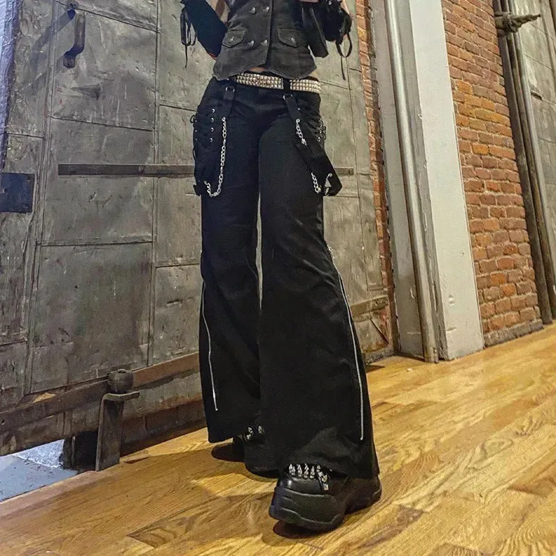 Bonnyshow Women Pants Hip Hop High Waist Bandage Streetwear Rivet Trousers Goth Dark Gothic Grunge Black Pants Harajuku Punk Wide Leg
