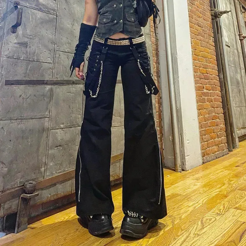 Bonnyshow Women Pants Hip Hop High Waist Bandage Streetwear Rivet Trousers Goth Dark Gothic Grunge Black Pants Harajuku Punk Wide Leg