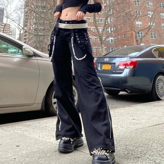 Bonnyshow Women Pants Hip Hop High Waist Bandage Streetwear Rivet Trousers Goth Dark Gothic Grunge Black Pants Harajuku Punk Wide Leg