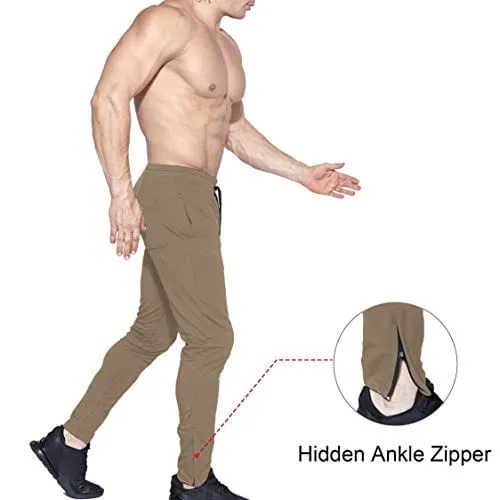 BROKIG Mens Zip Joggers Pants - Casual Gym Workout Track Pants Comfortable Slim Fit Tapered Sweatpants with Pockets (Small, Beige)