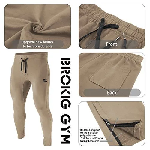 BROKIG Mens Zip Joggers Pants - Casual Gym Workout Track Pants Comfortable Slim Fit Tapered Sweatpants with Pockets (Small, Beige)
