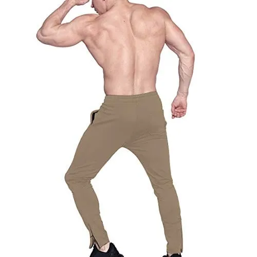 BROKIG Mens Zip Joggers Pants - Casual Gym Workout Track Pants Comfortable Slim Fit Tapered Sweatpants with Pockets (Small, Beige)