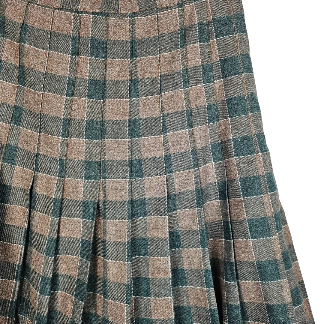 Brown and Green Check Pleated Skirt - 10