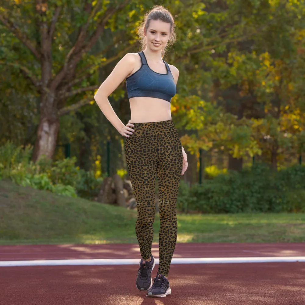 Brown Cheetah Print Yoga Leggings, Animal Print Best Designer Women's Long Yoga Pants - Made in USA/EU