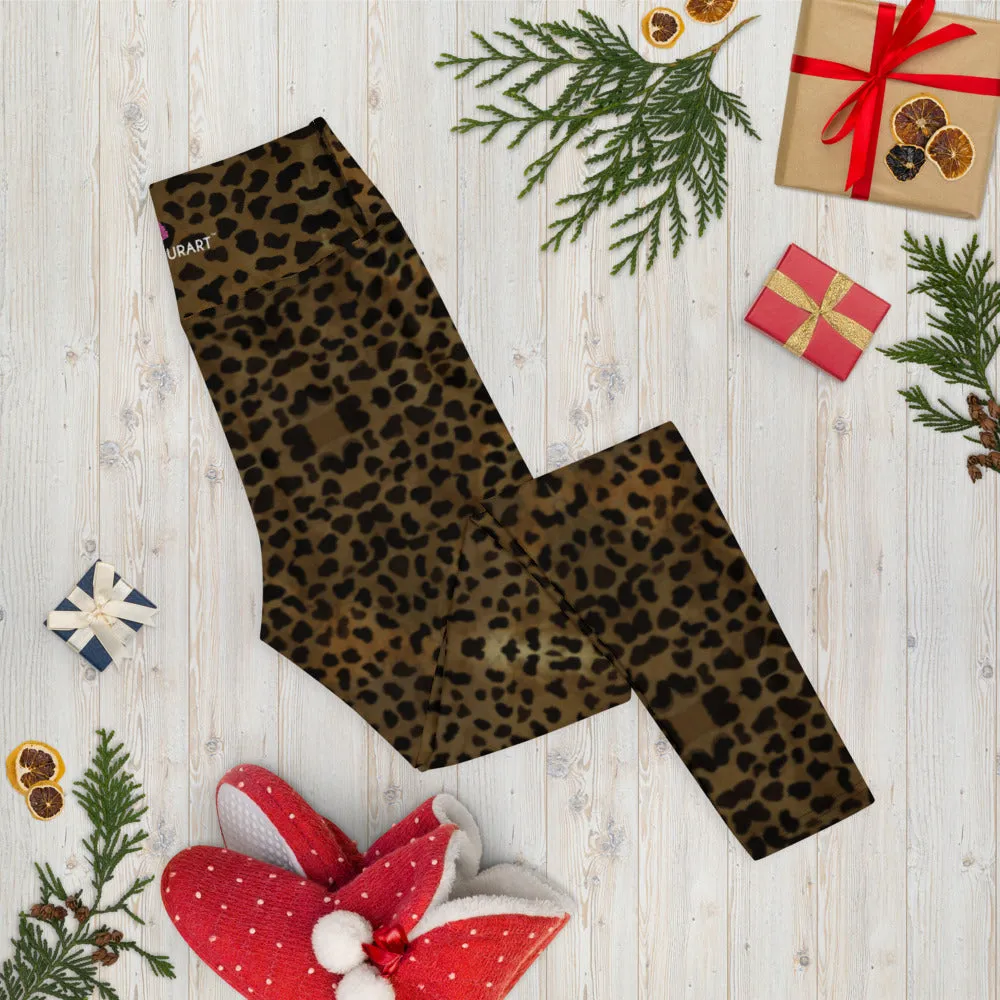 Brown Cheetah Print Yoga Leggings, Animal Print Best Designer Women's Long Yoga Pants - Made in USA/EU