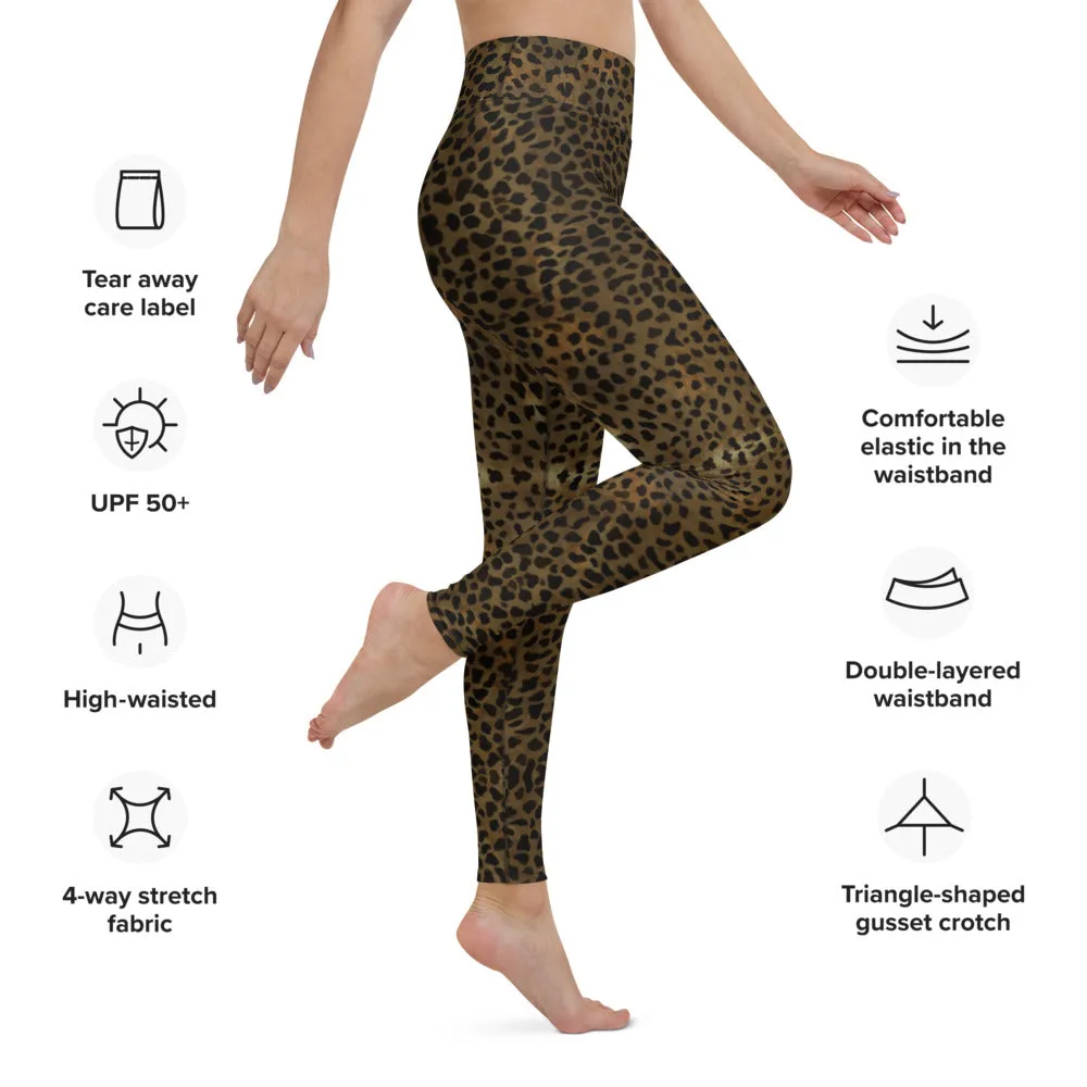 Brown Cheetah Print Yoga Leggings, Animal Print Best Designer Women's Long Yoga Pants - Made in USA/EU