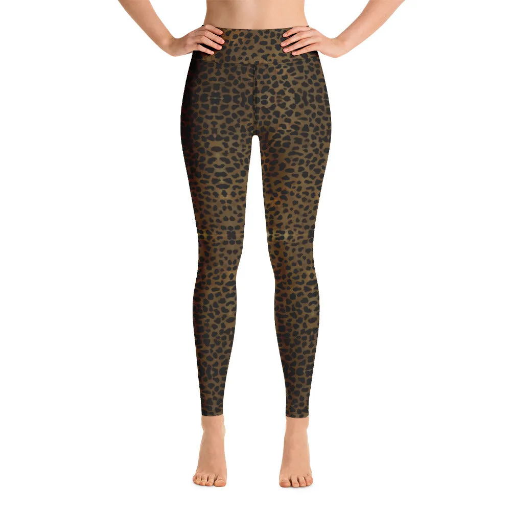 Brown Cheetah Print Yoga Leggings, Animal Print Best Designer Women's Long Yoga Pants - Made in USA/EU