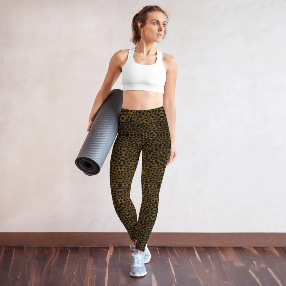 Brown Cheetah Print Yoga Leggings, Animal Print Best Designer Women's Long Yoga Pants - Made in USA/EU