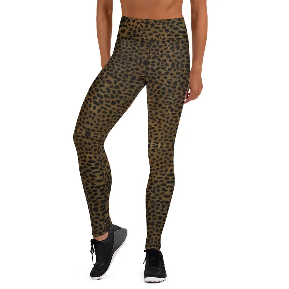 Brown Cheetah Print Yoga Leggings, Animal Print Best Designer Women's Long Yoga Pants - Made in USA/EU