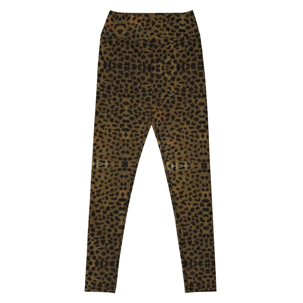 Brown Cheetah Print Yoga Leggings, Animal Print Best Designer Women's Long Yoga Pants - Made in USA/EU