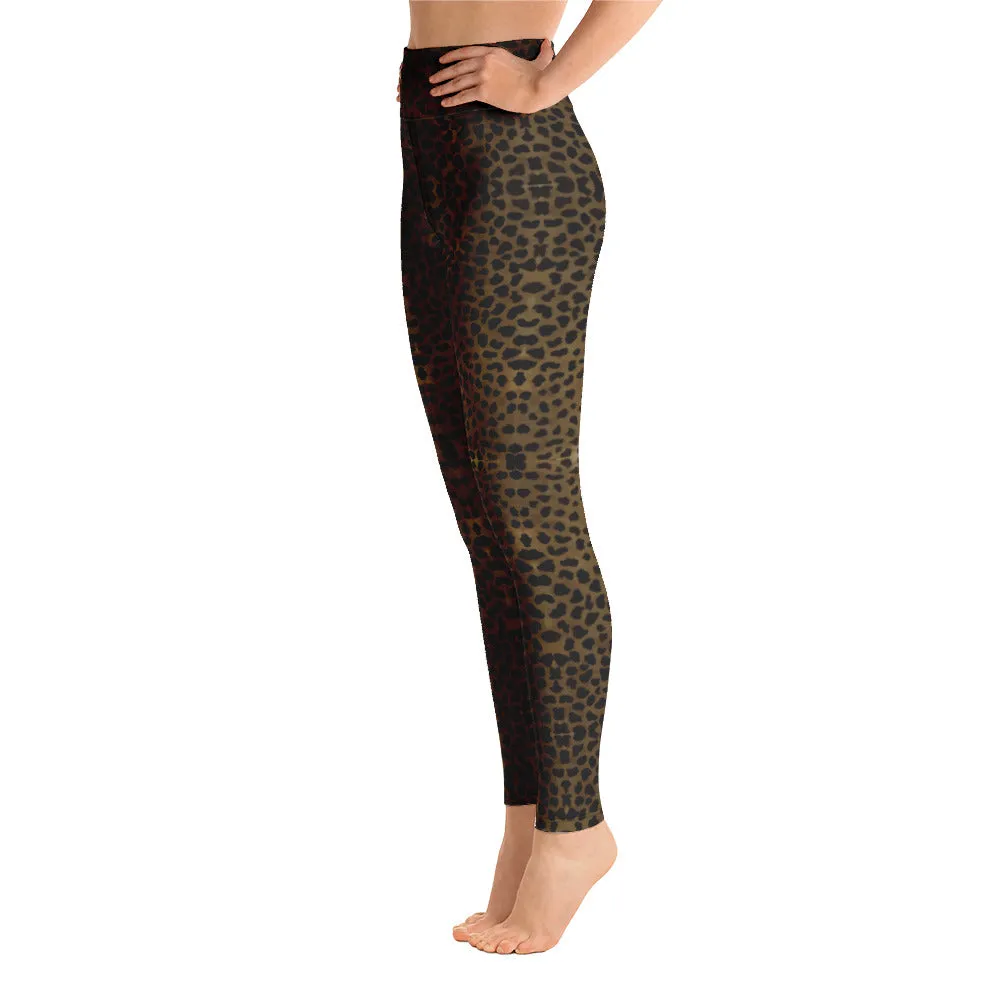 Brown Cheetah Print Yoga Leggings, Animal Print Best Designer Women's Long Yoga Pants - Made in USA/EU