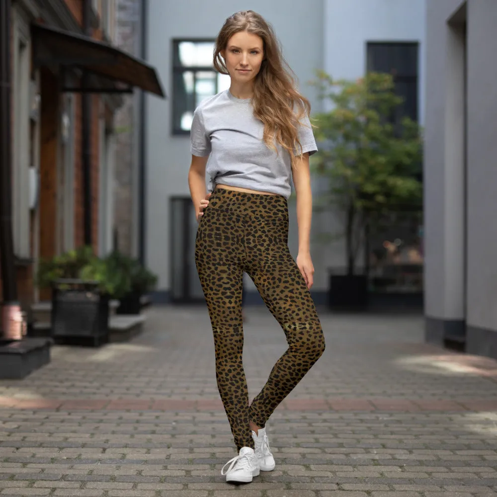 Brown Cheetah Print Yoga Leggings, Animal Print Best Designer Women's Long Yoga Pants - Made in USA/EU