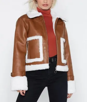Brown Cropped Shearling Zipper Jacket For Women
