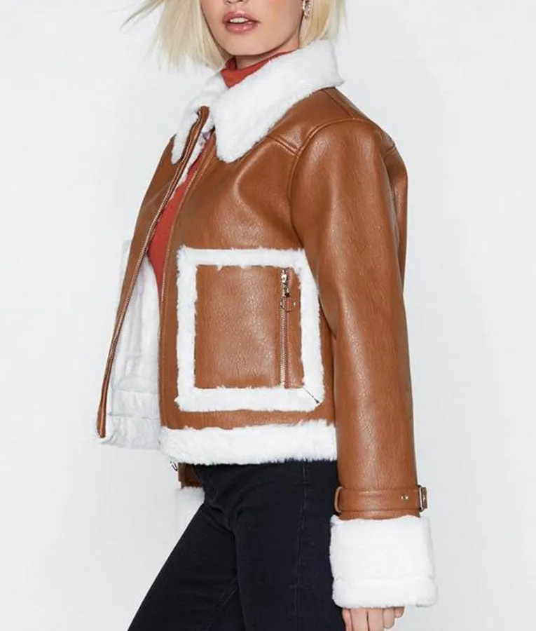 Brown Cropped Shearling Zipper Jacket For Women