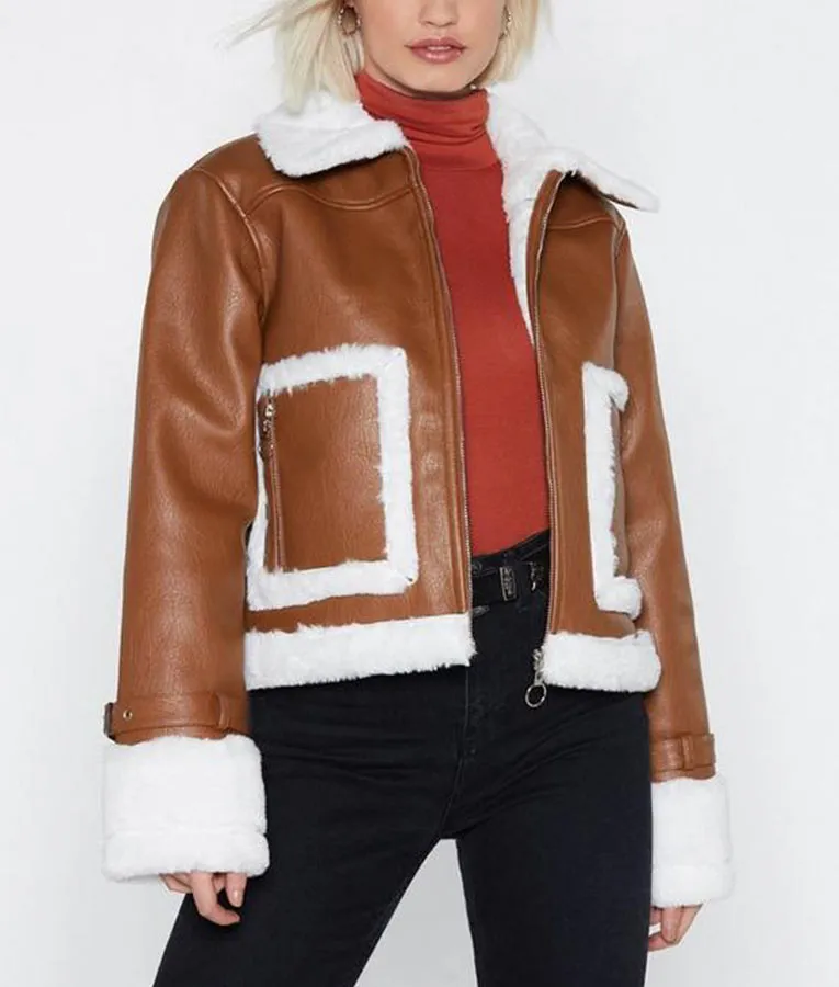 Brown Cropped Shearling Zipper Jacket For Women