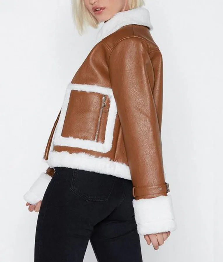 Brown Cropped Shearling Zipper Jacket For Women