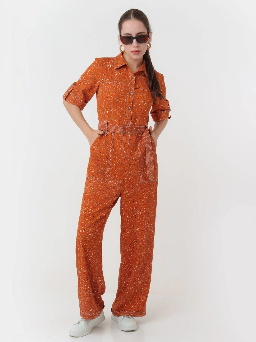 Brown Printed Regular Jumpsuit