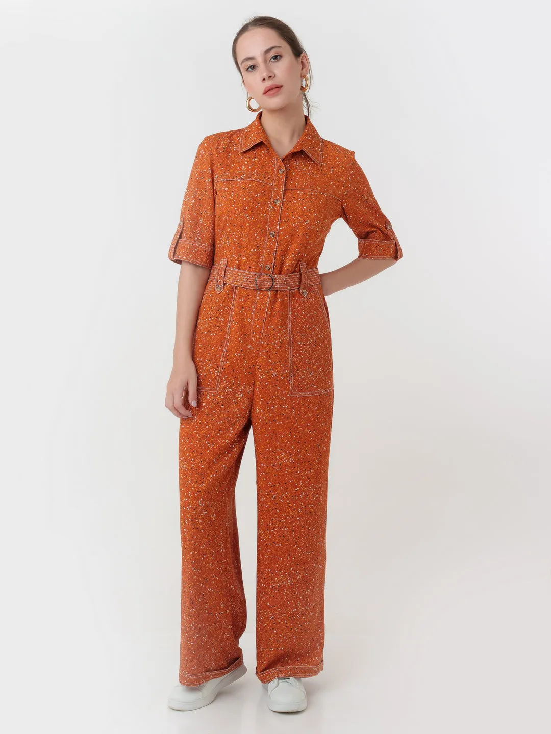 Brown Printed Regular Jumpsuit