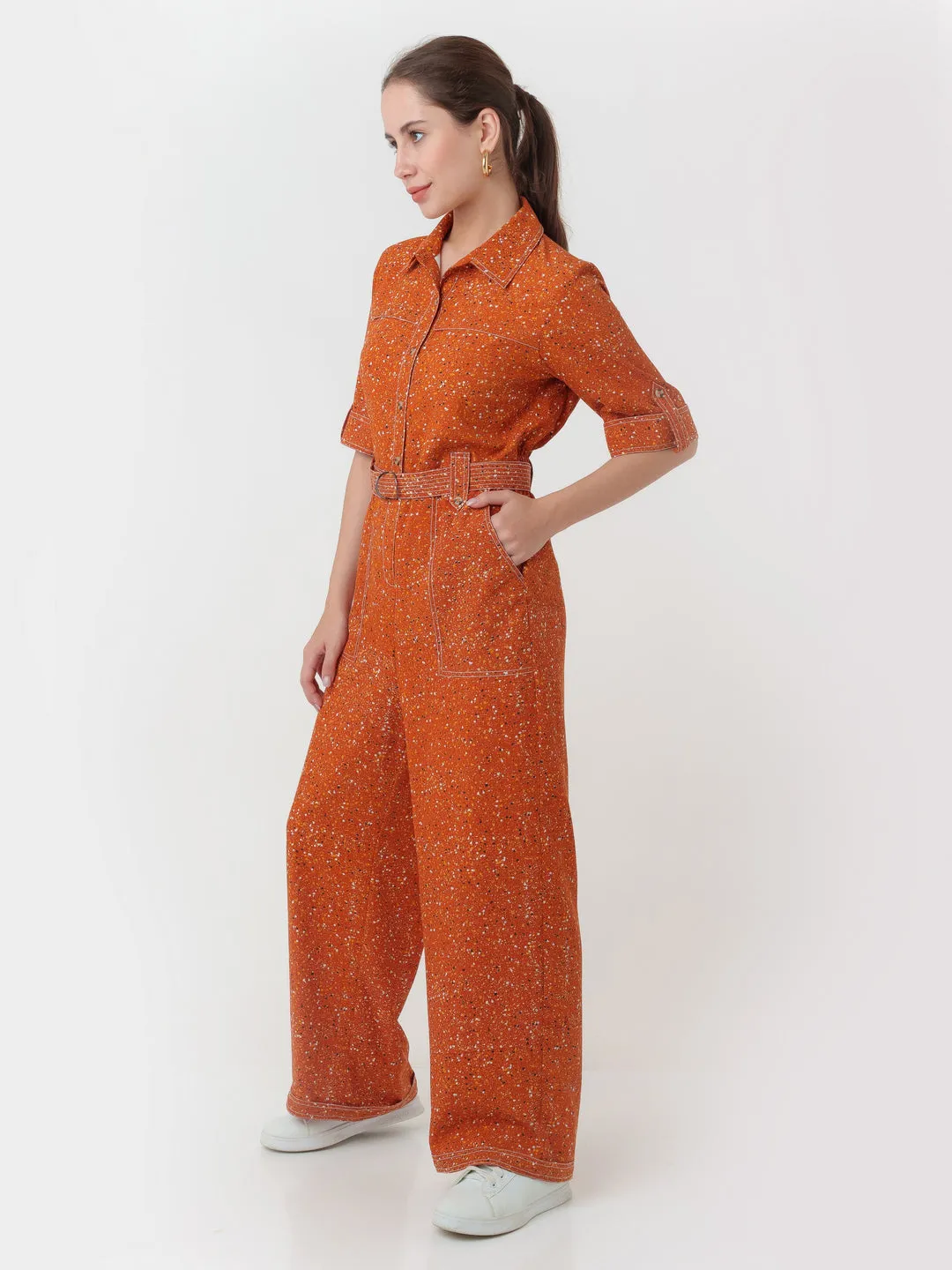 Brown Printed Regular Jumpsuit