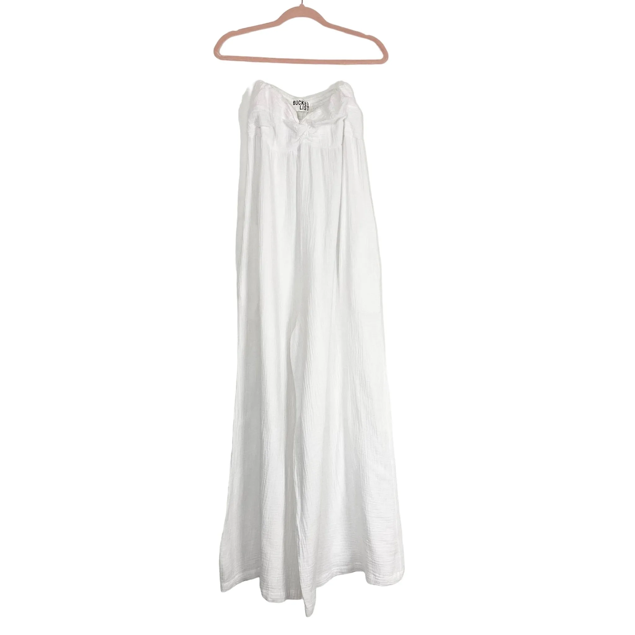 Bucket List White Gauze Strapless Twist Front Extra Wide Leg Jumpsuit NWT- Size M