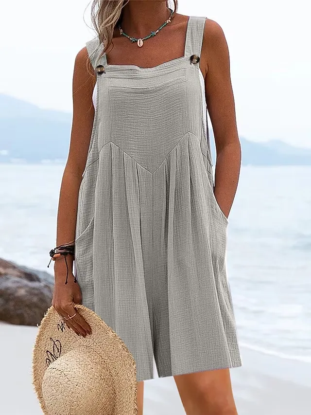 Buttoned Loose Linen Cotton Bib Pants  QN106