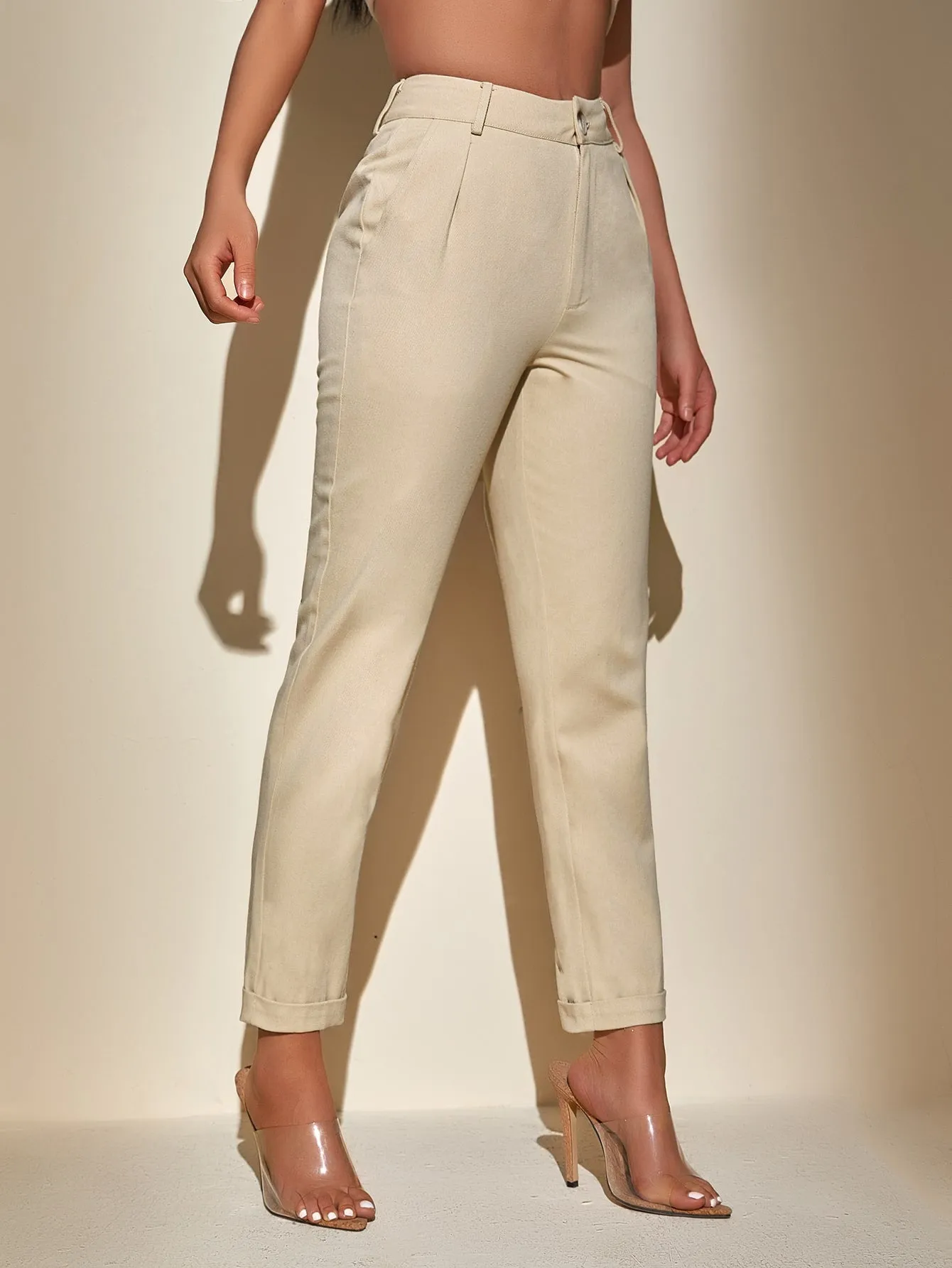 Casual Plain Pocket High Waist Cropped Women Pants