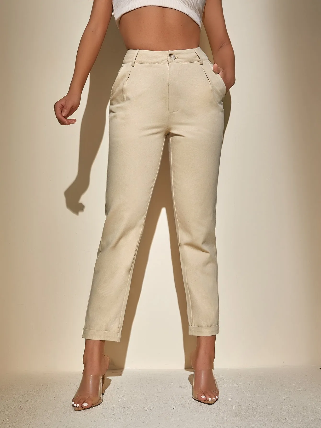 Casual Plain Pocket High Waist Cropped Women Pants