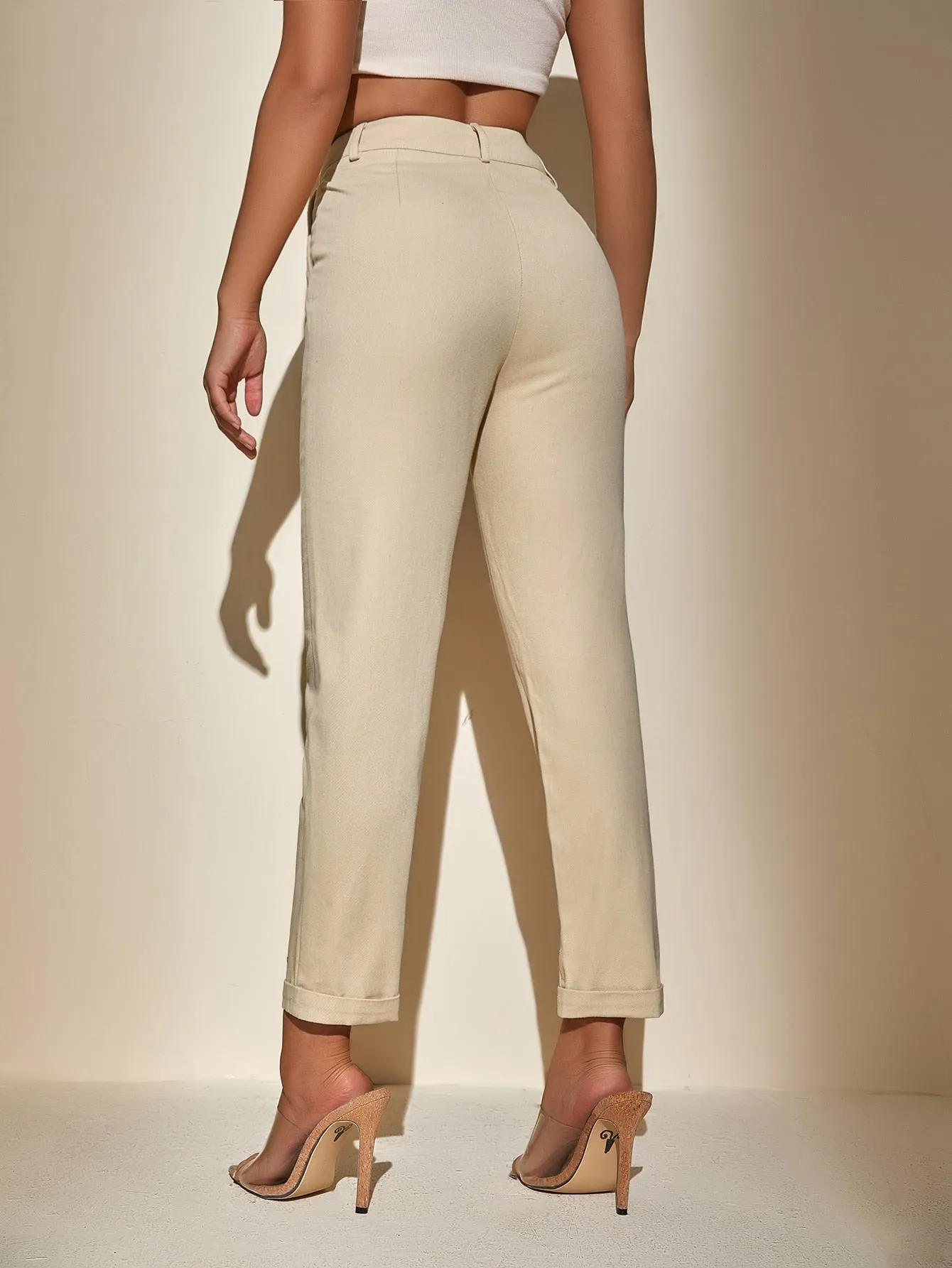 Casual Plain Pocket High Waist Cropped Women Pants