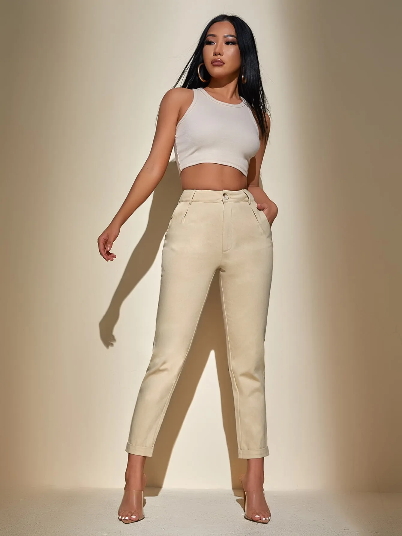 Casual Plain Pocket High Waist Cropped Women Pants