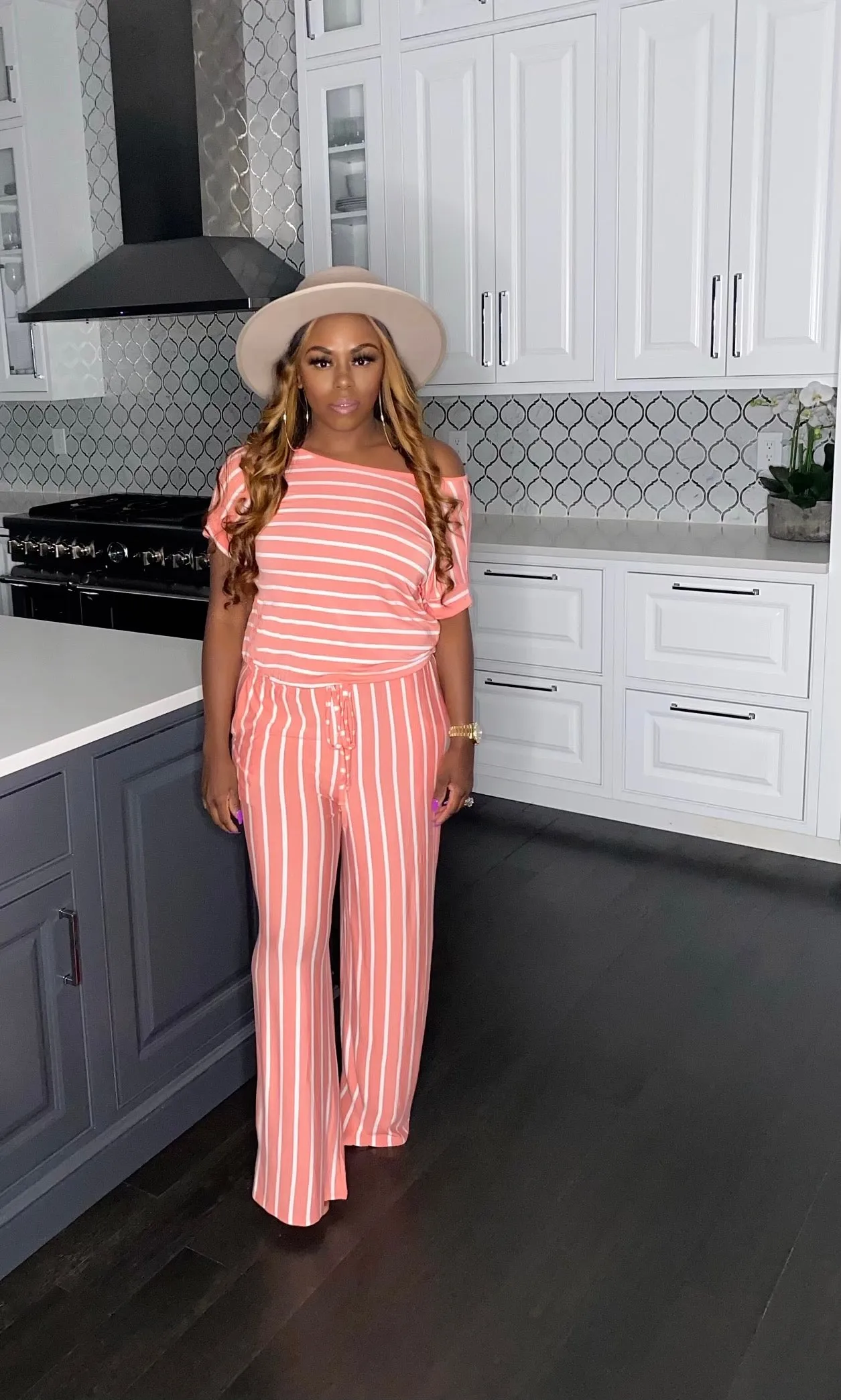 Chill Day" Striped Jumpsuit (Coral)
