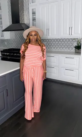 Chill Day" Striped Jumpsuit (Coral)