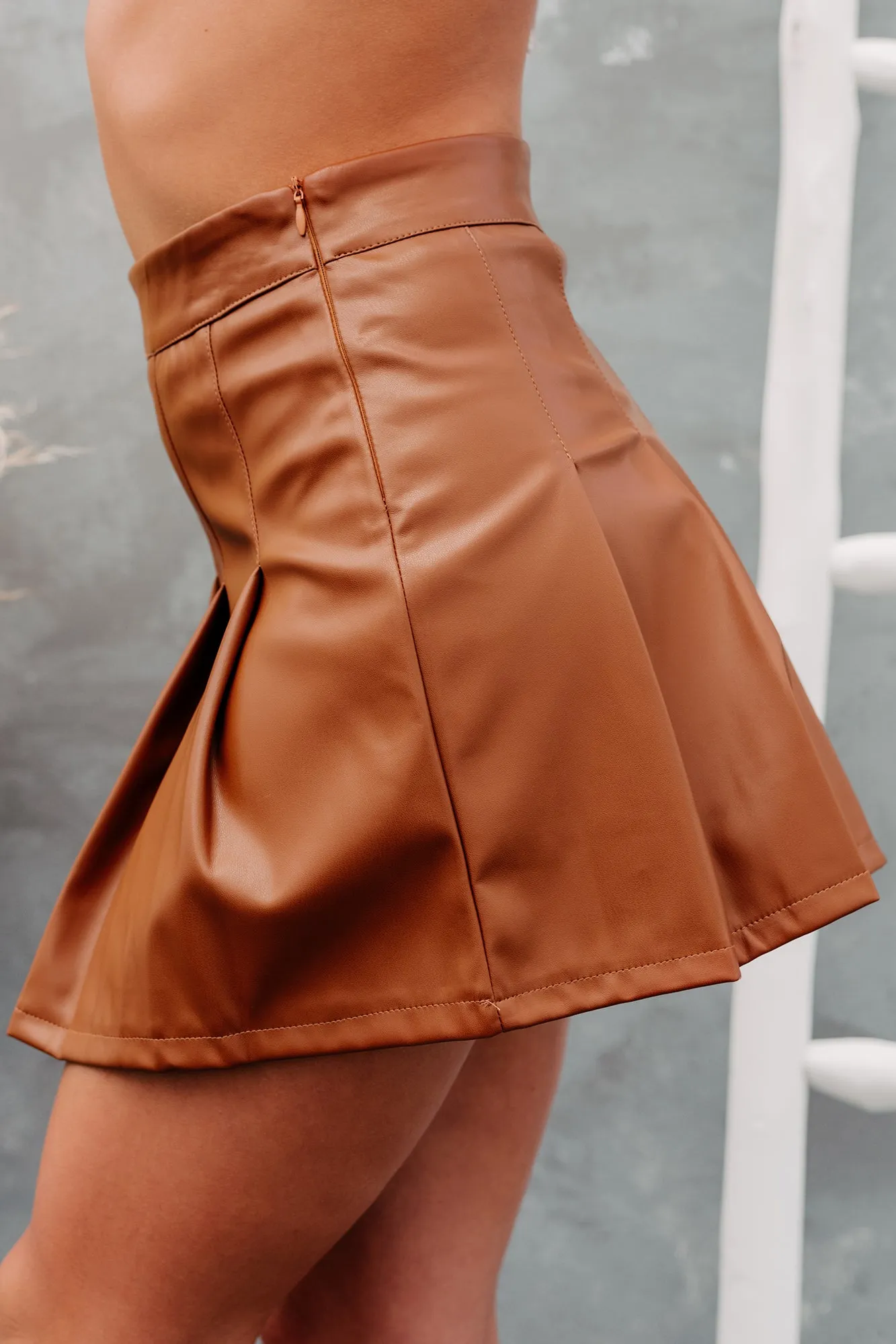 City Chick Pleated Faux Leather Skort (Brown)