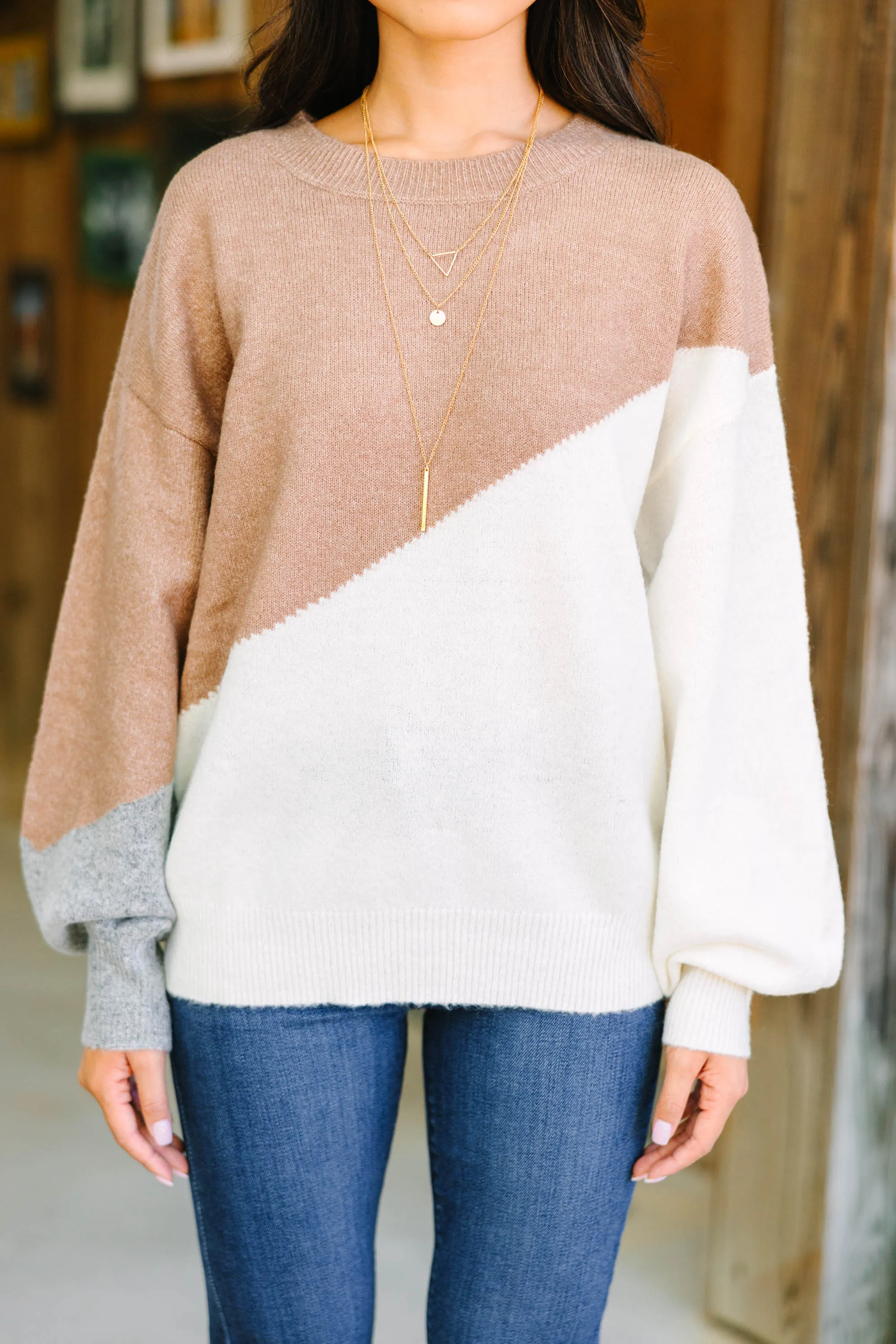 Clear Your Thoughts Khaki Brown Colorblock Sweater
